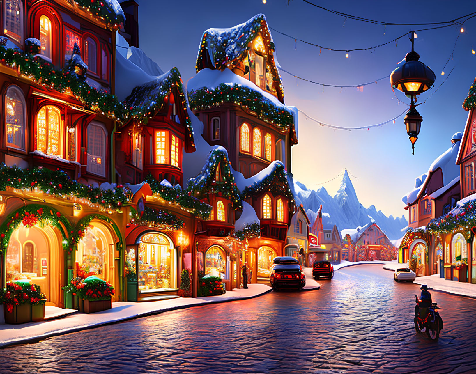 Snow-covered winter village scene at dusk with festive decorations and mountain backdrop