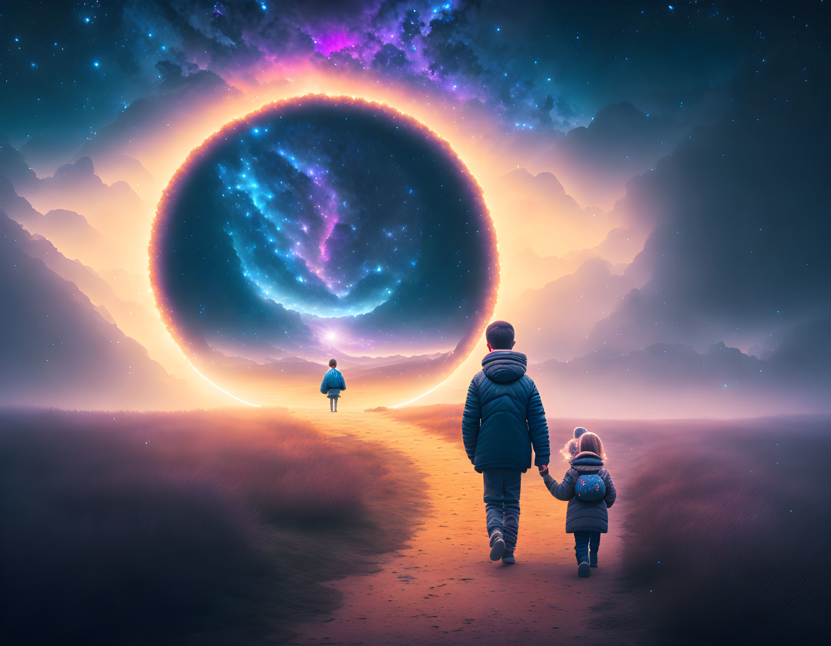 Two people approaching a glowing cosmic portal in a starry mountain landscape at dusk