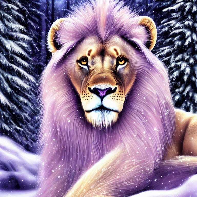 Majestic lion with purple mane on snowy background