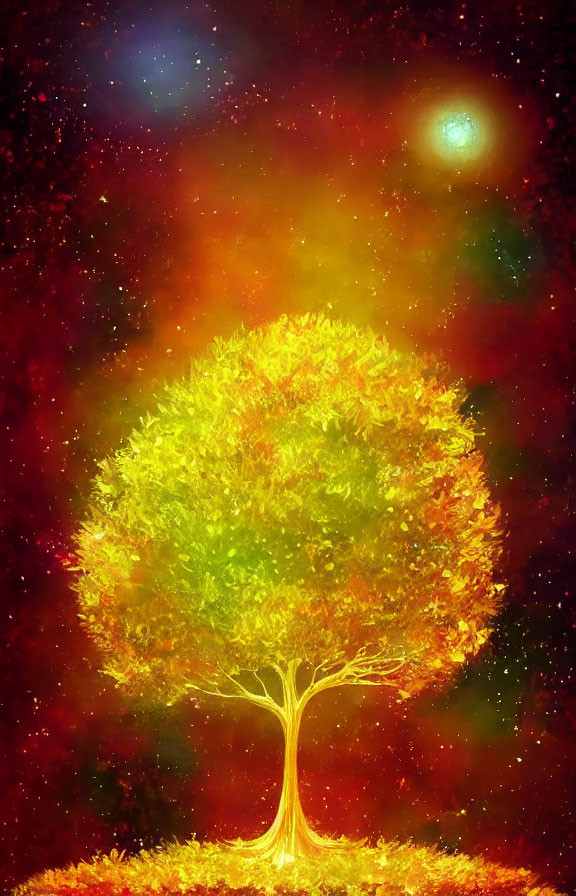 Colorful Tree Illustration Against Cosmic Background