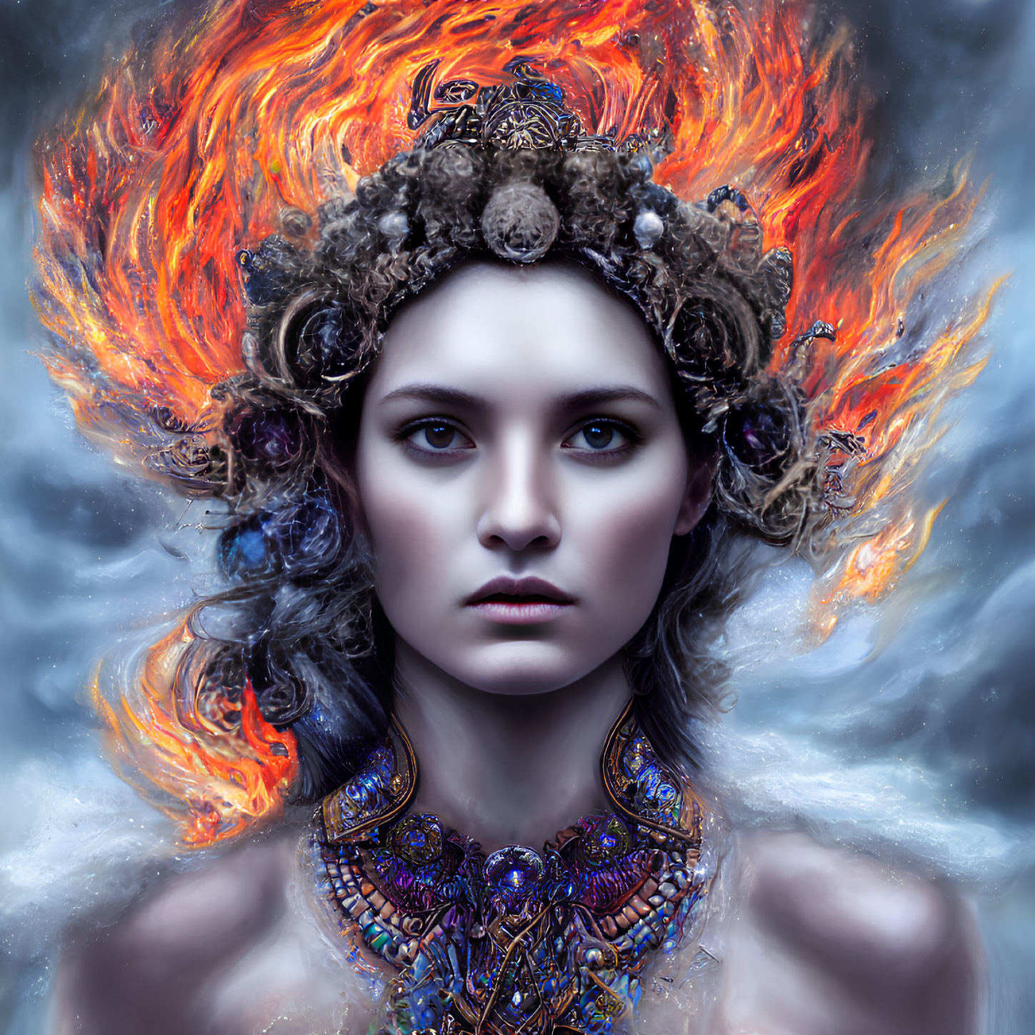 Portrait of woman with fiery orange hair and ornate headpiece.