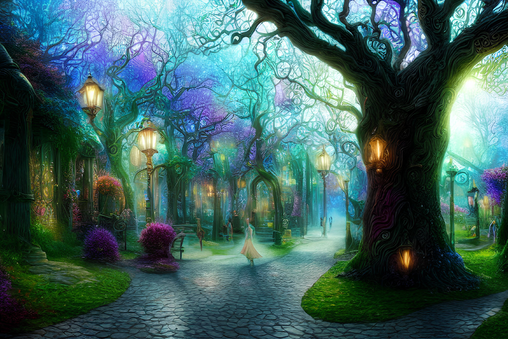 Twisting trees and violet foliage lead to enchanted village