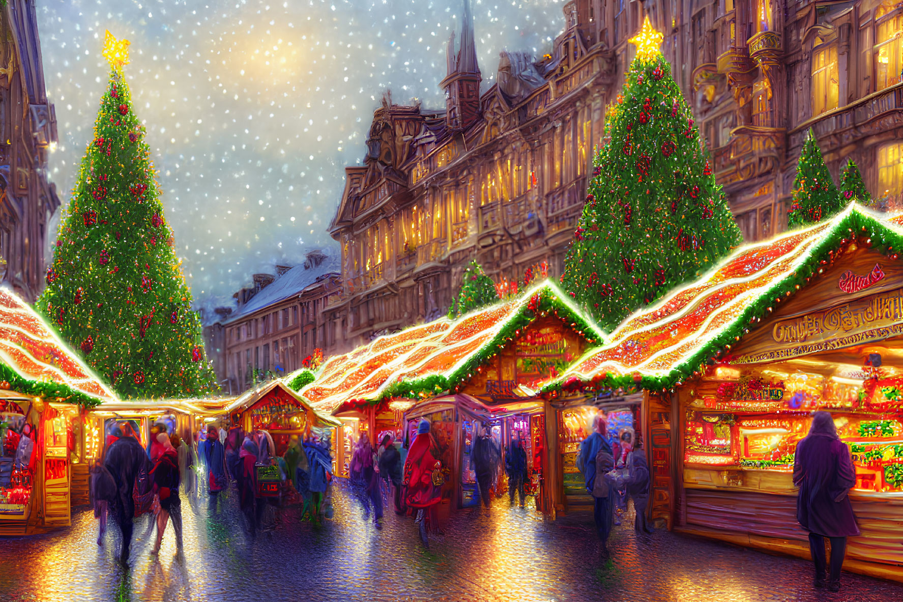 Festive market stalls with twinkling lights and Christmas trees on a bustling street at night.