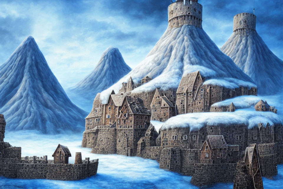 Medieval fantasy village in snow-covered icy landscape