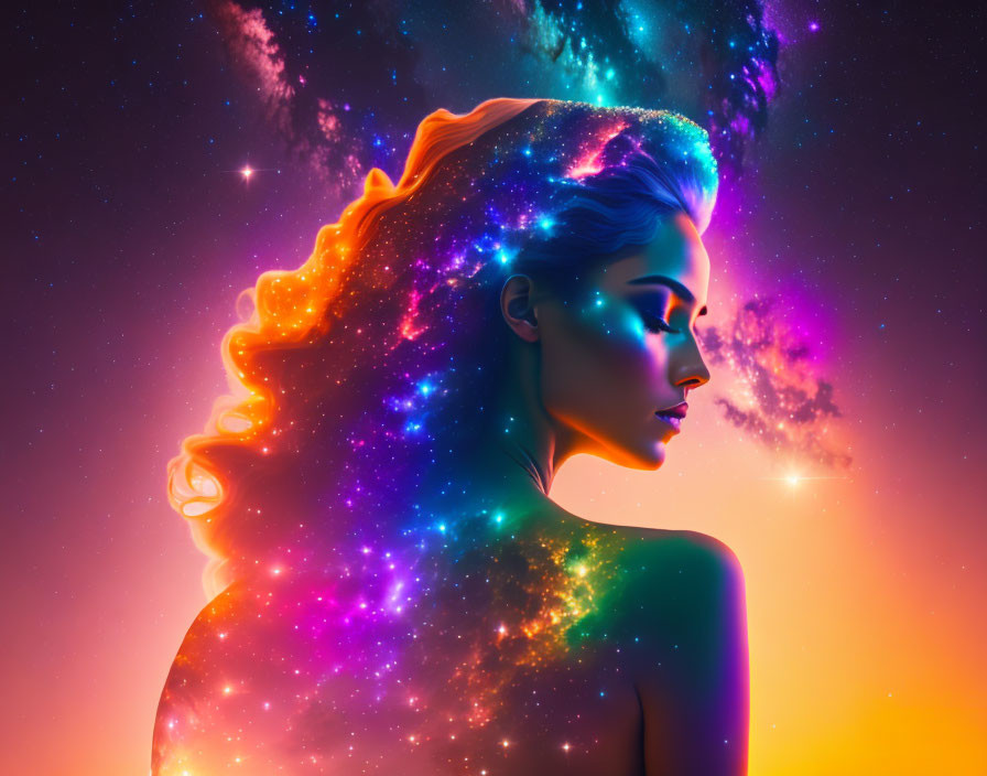 Woman's profile merges with vibrant cosmic nebula on starry sky background