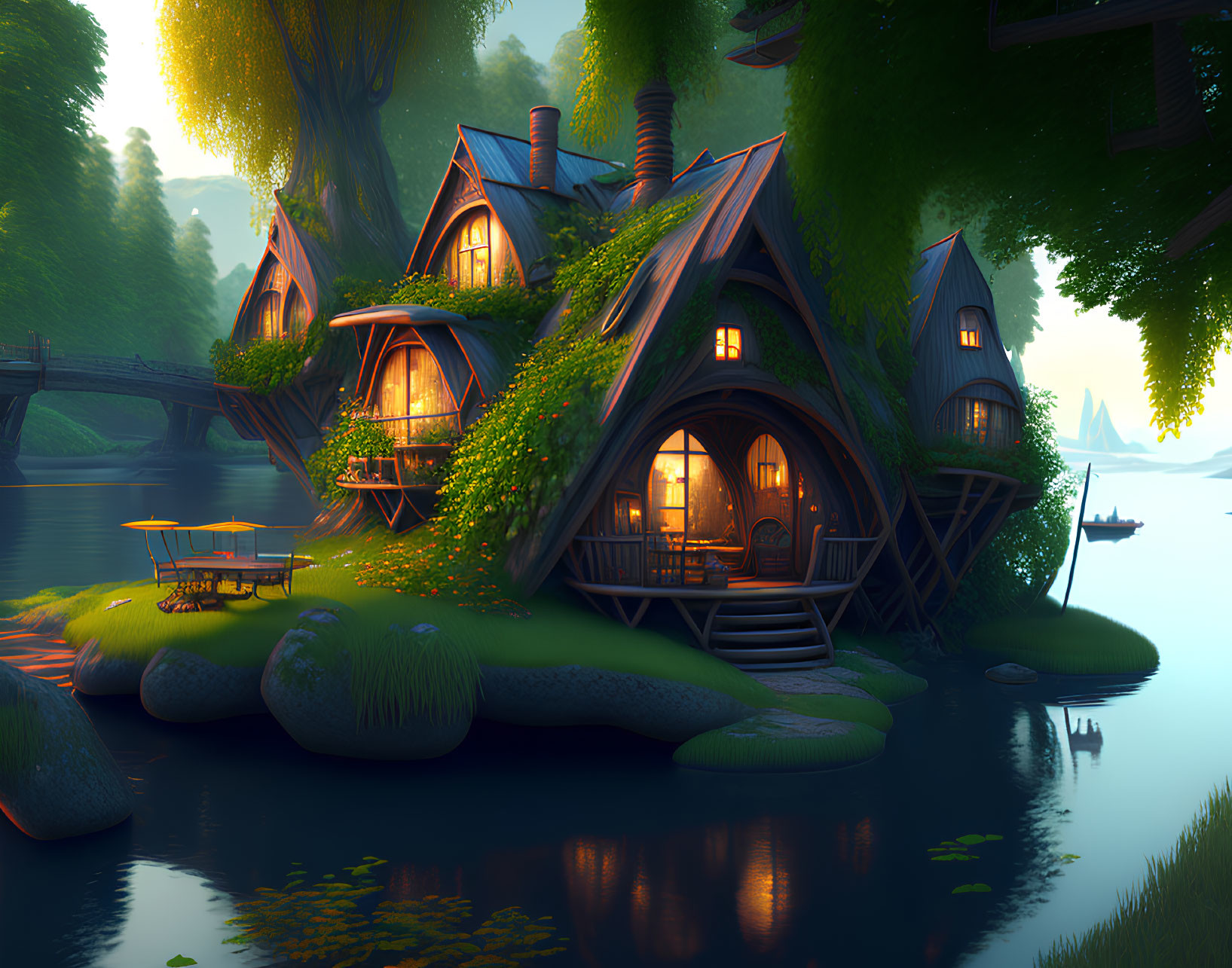 Fantasy riverside cottages in lush greenery at dusk