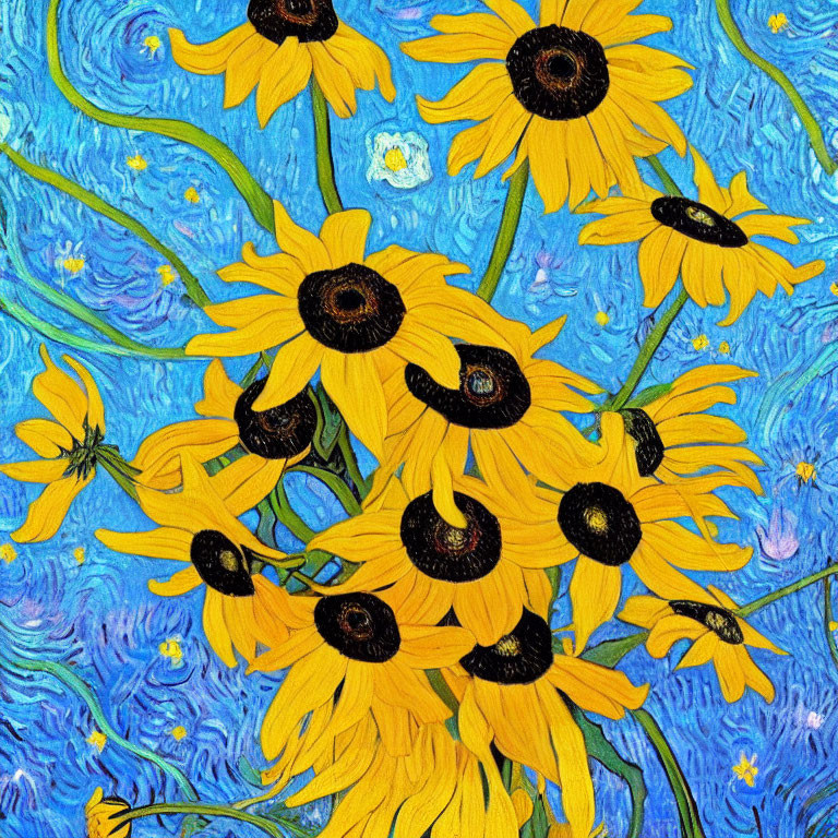 Yellow Sunflowers Painting on Blue Swirl Background