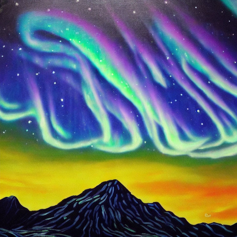 Northern Lights Painting: Aurora Borealis Over Dark Mountains