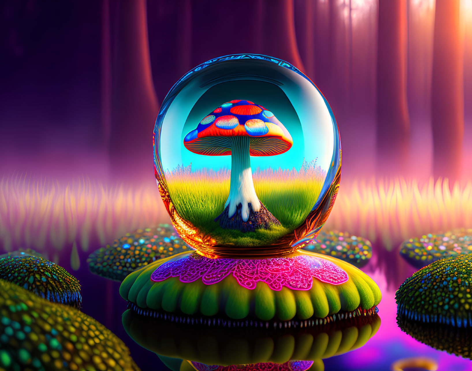 Colorful Mushroom in Translucent Sphere on Patterned Pedestal in Fantasy Landscape