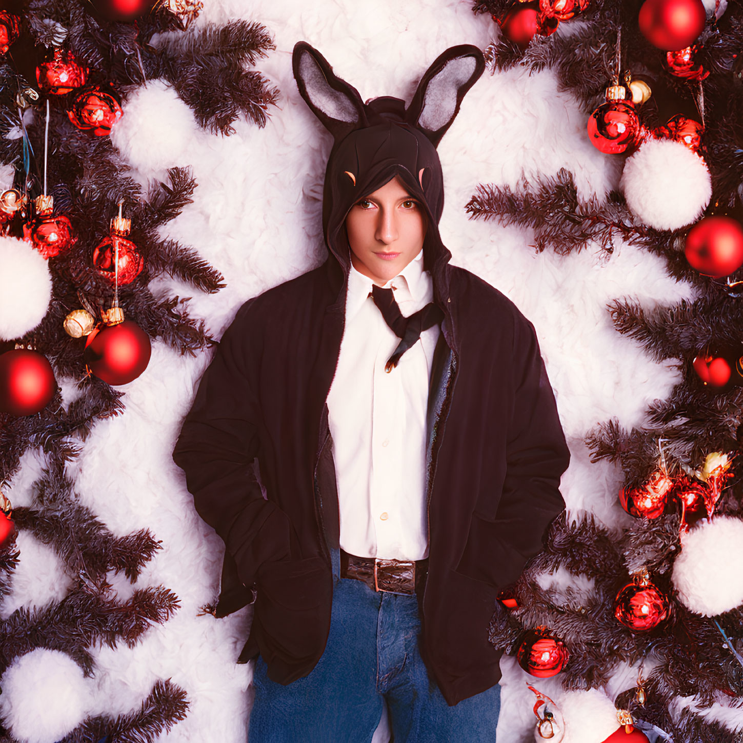 Person in Bunny-Eared Hood with Christmas Decorations