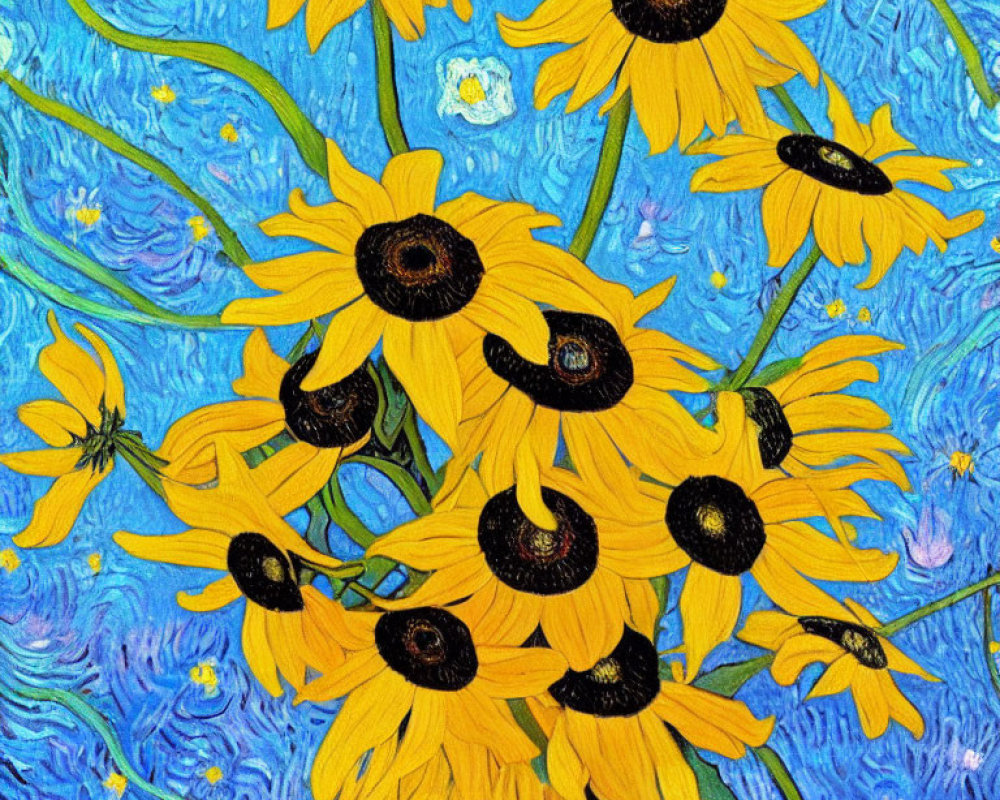 Yellow Sunflowers Painting on Blue Swirl Background