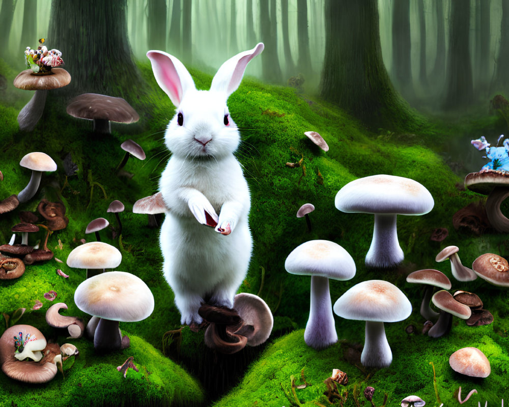 Digital Artwork: Oversized White Rabbit in Enchanted Forest with Mushrooms