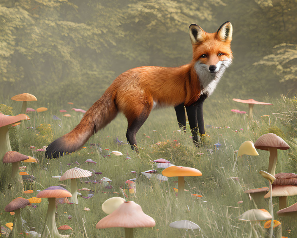 Orange Fox in Grassy Area with Colorful Mushrooms and Foggy Forest