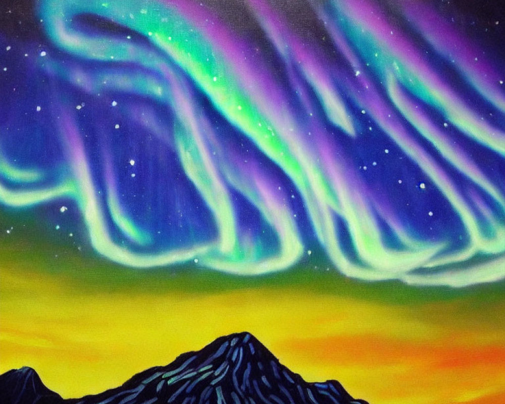 Northern Lights Painting: Aurora Borealis Over Dark Mountains