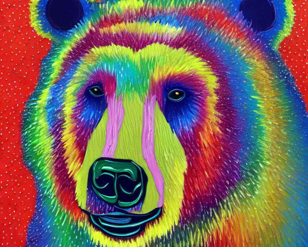 Vibrant rainbow bear face with dotted red background