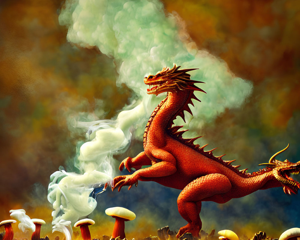 Fiery red-orange dragon in mushroom forest with smoke.