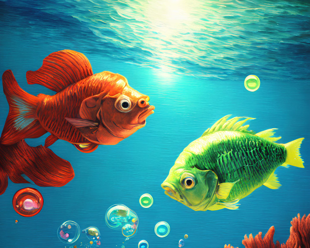 Colorful Fish Swimming Underwater with Bubbles and Sun Rays
