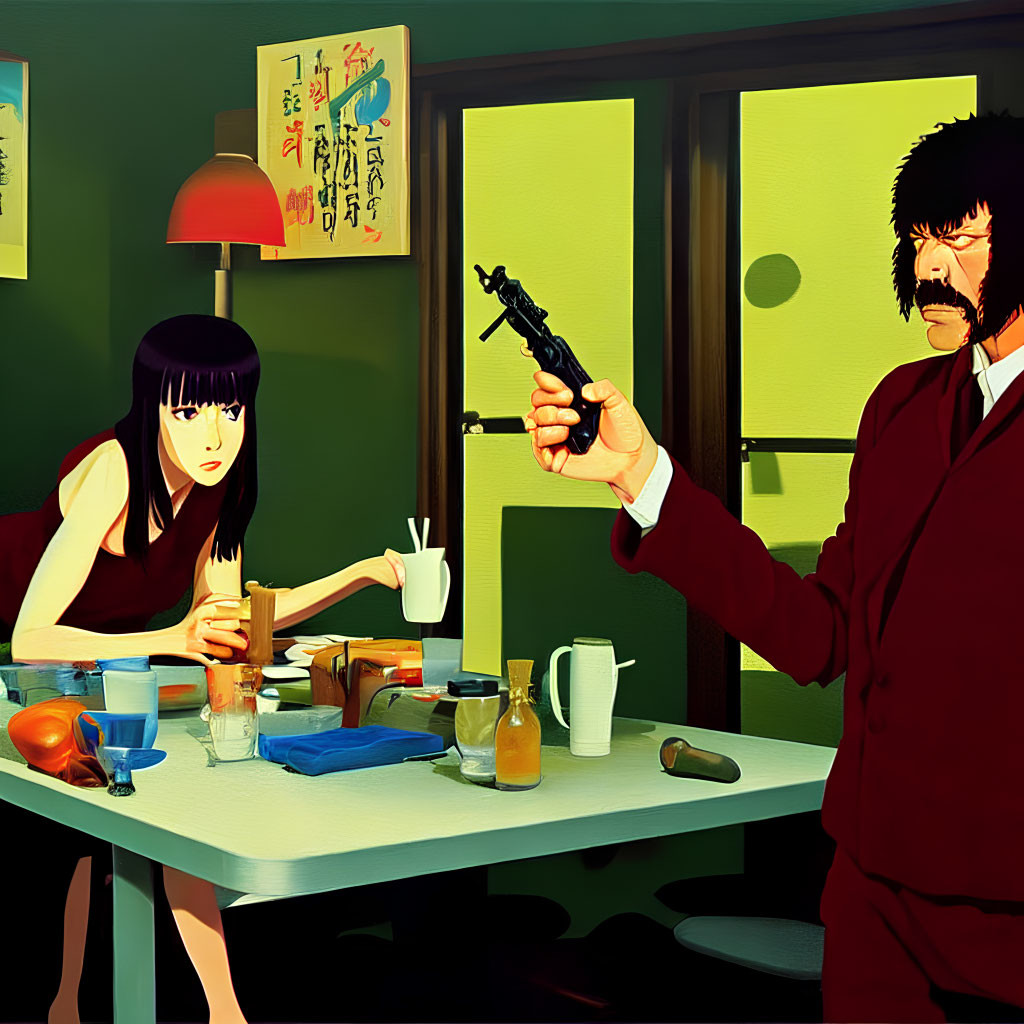 Man in red suit pointing gun at woman in black dress in dimly lit diner setting