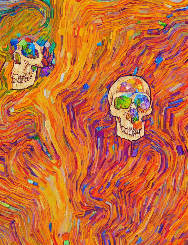 Colorful Skulls Painting Against Fiery Abstract Background