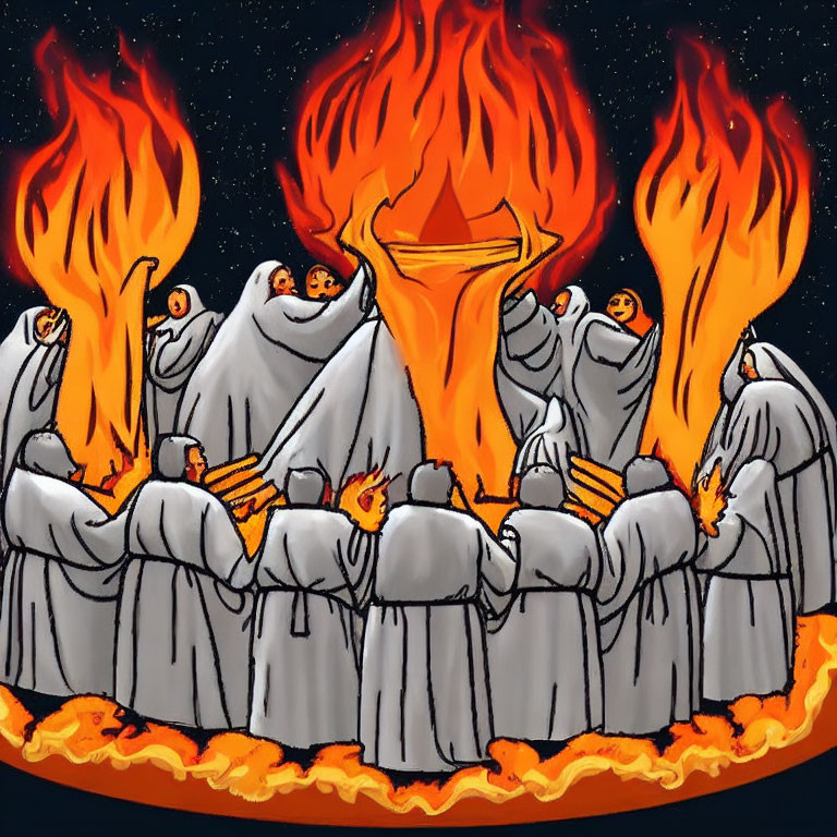 Group of cloaked figures with pumpkin heads around flaming cauldron under starry night sky