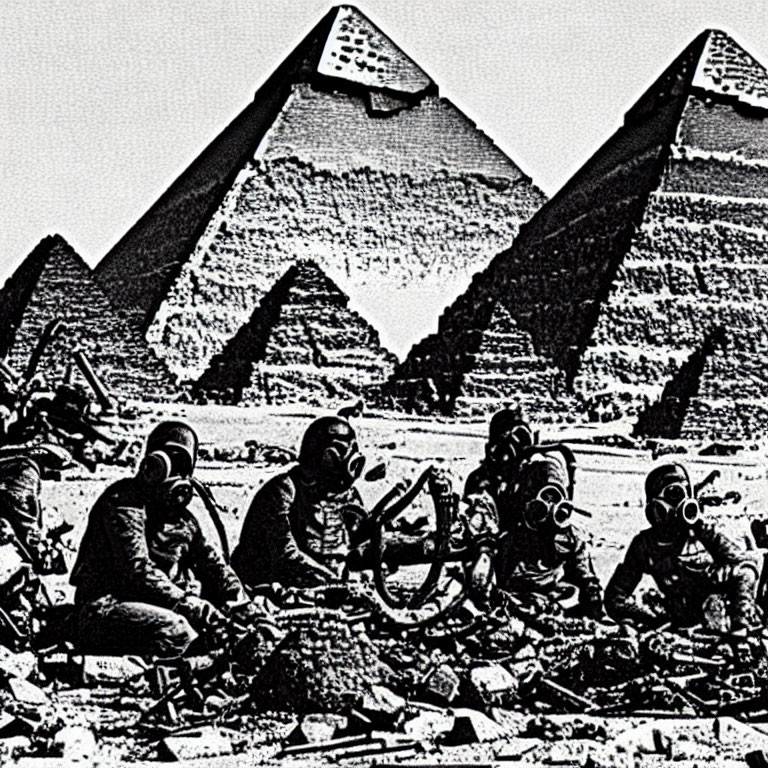 Grainy photo of four people in gas masks at Egyptian pyramids