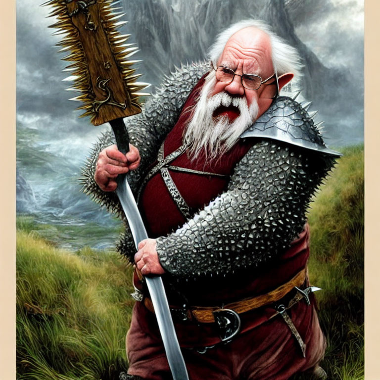 Elderly fantasy warrior in chainmail with spiked mace on rugged terrain