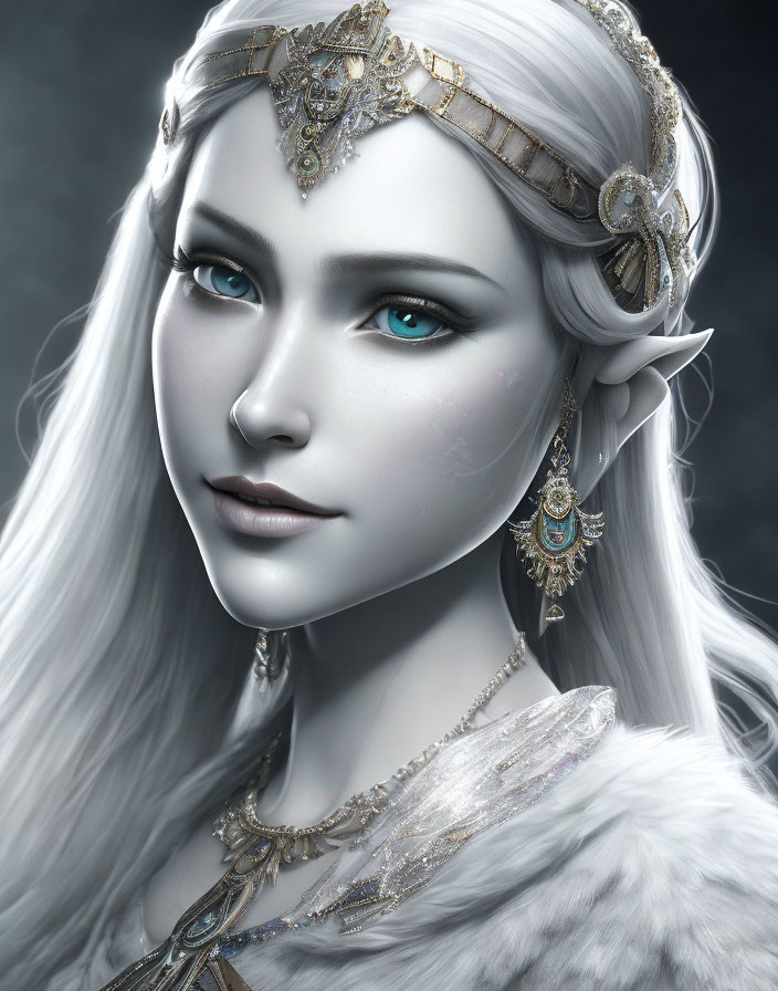 Elven character digital portrait with blue eyes, white hair, and gold jewelry