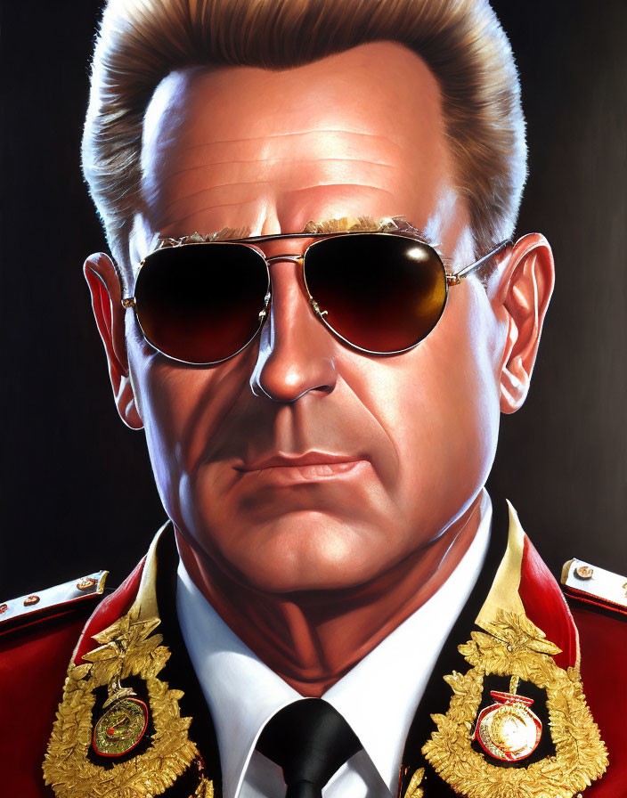 Stylized portrait of a man in aviator sunglasses and red military uniform