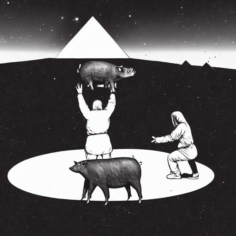 Two individuals raising a pig to a floating pyramid in a starry night landscape
