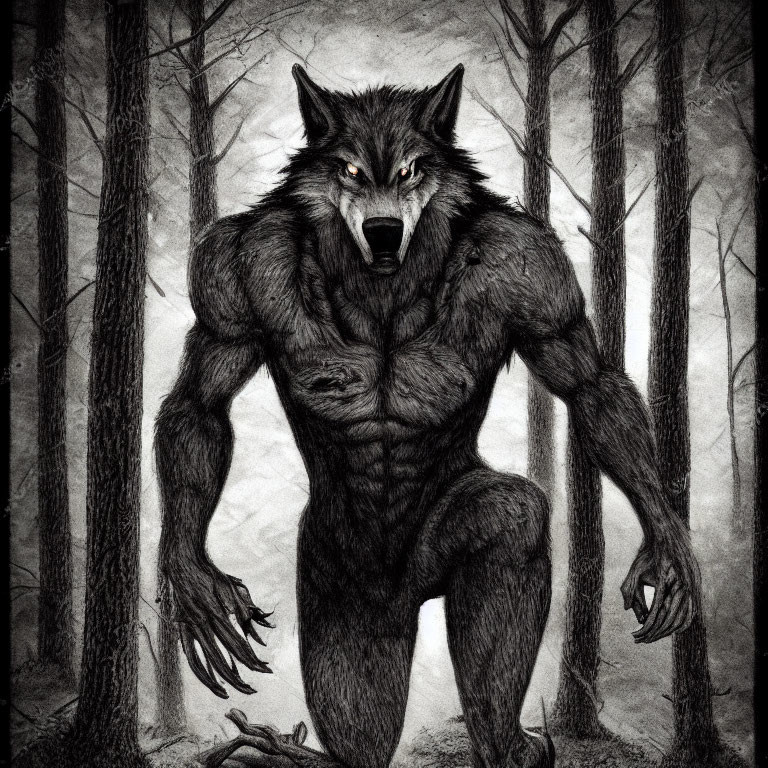 Menacing werewolf in gloomy forest with piercing eyes