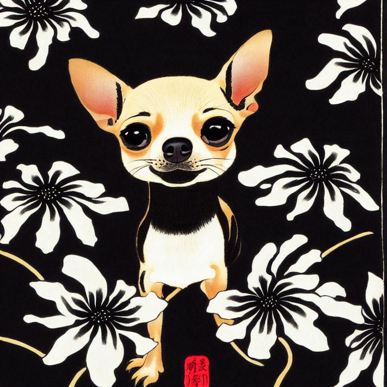 Chihuahua with Large Eyes on Black Background with White Floral Patterns