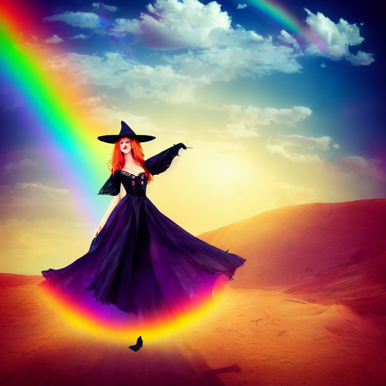 Woman in black witch costume casting colorful spell in desert sands