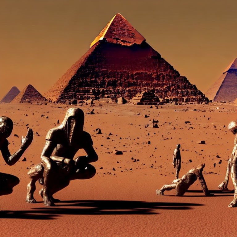 Human Sculptures Posed in Martian Desert with Pyramids and Orange Sky