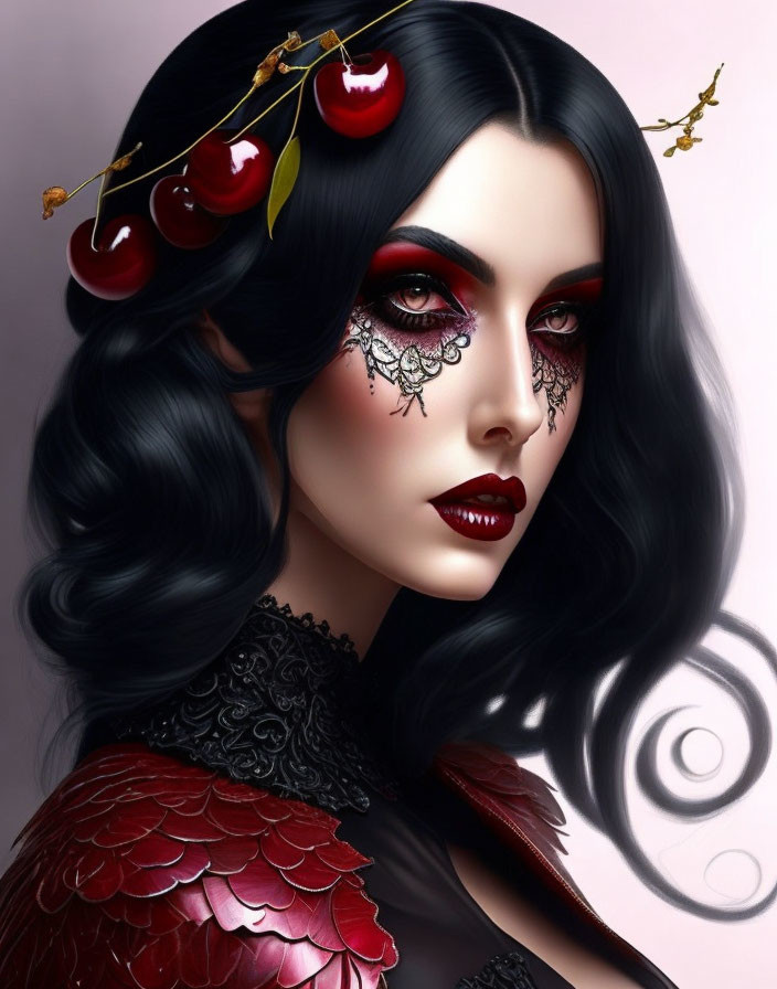 Detailed illustration of woman with pale skin, dark hair, red eyes, intricate makeup, and cherry head