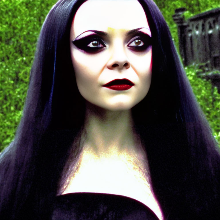 Portrait of Woman with Pale Skin, Long Black Hair, Dramatic Makeup, Greenery Backdrop