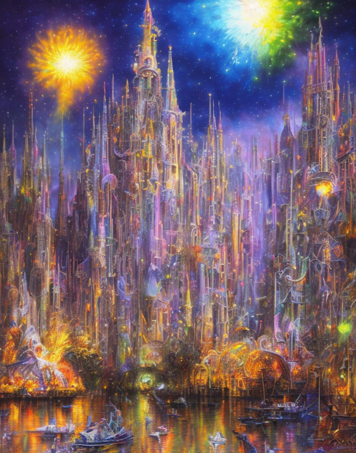 Fantastical cityscape with crystal spires, starry sky, fireworks, and tranquil waterway