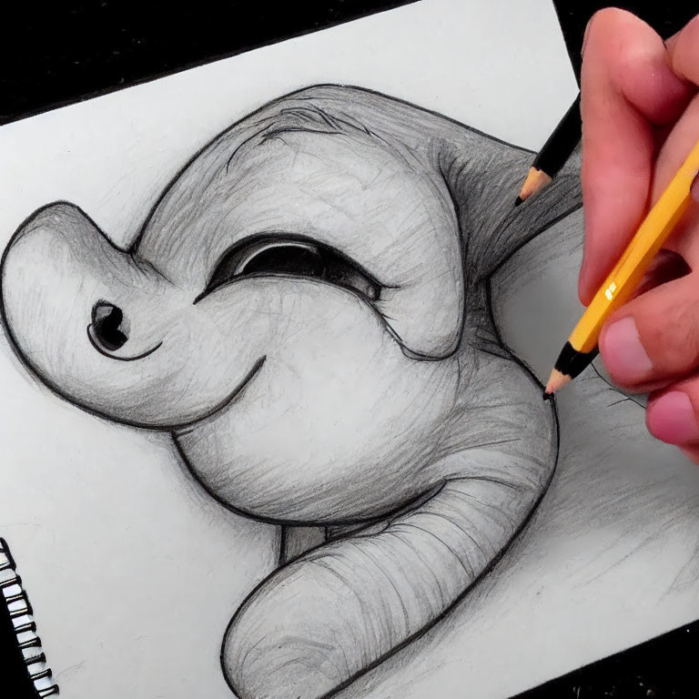 Hand adding details to smiling elephant cartoon sketch with pencil