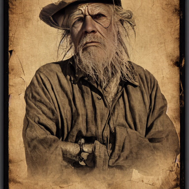 Elderly man with long white beard posing against aged backdrop