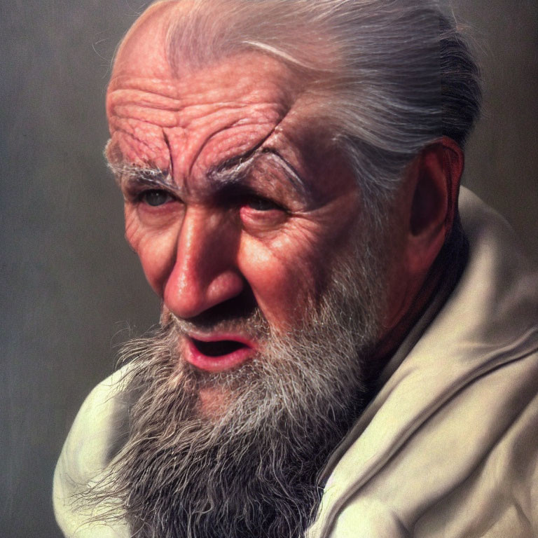 Elderly Man with Long White Beard and Wrinkles gazes Sideways