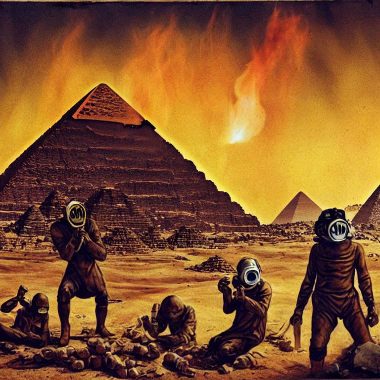 Four figures in gas masks amidst desert with pyramids as fiery object streaks through sky