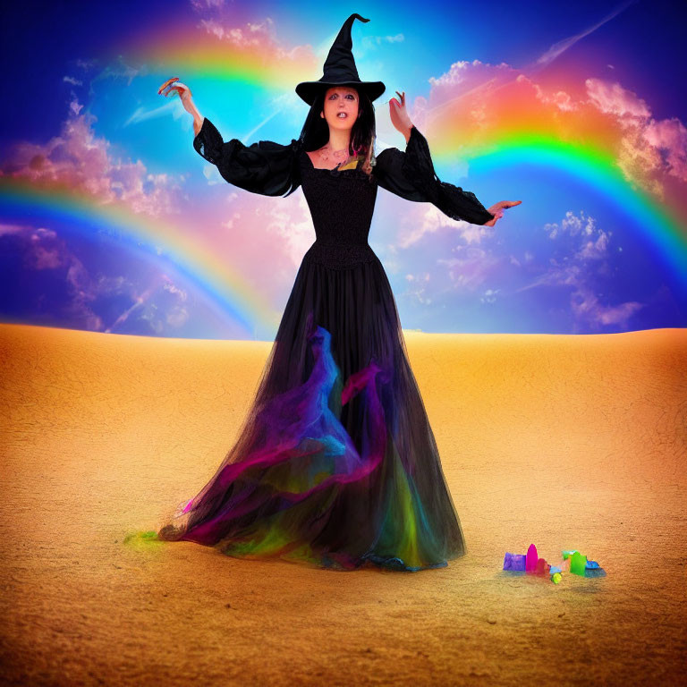 Person in Witch Costume with Multicolored Dress in Desert with Rainbow