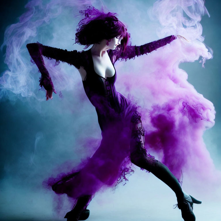Dark-haired person dances in purple smoke wearing black outfit and heels