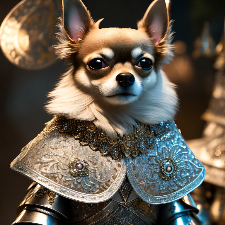 Chihuahua Dog in Silver Armor with Gemstones on Dark Background