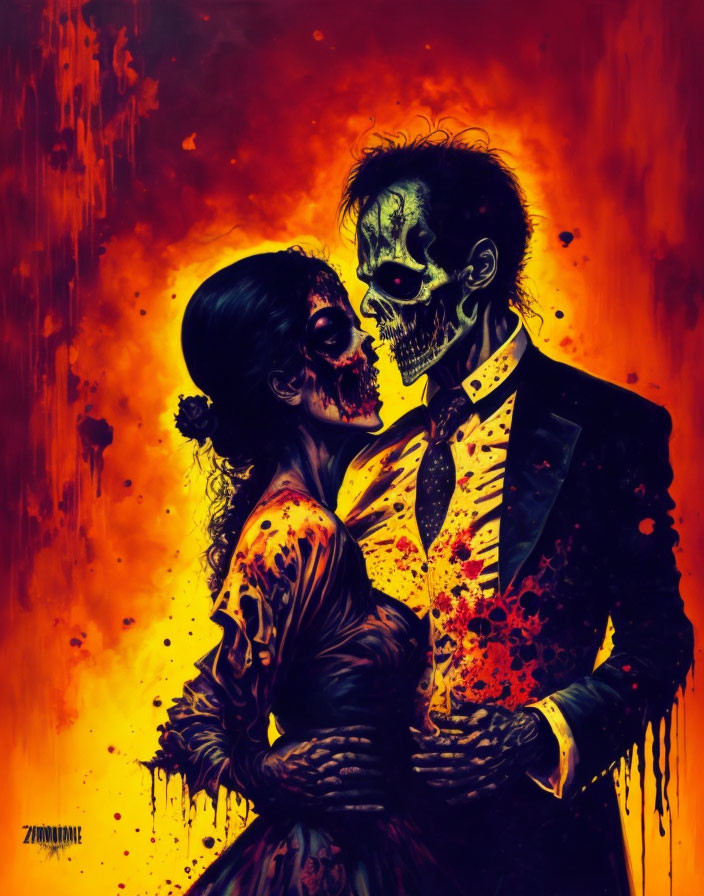 Vividly colored skeletal-faced couple embracing against fiery backdrop