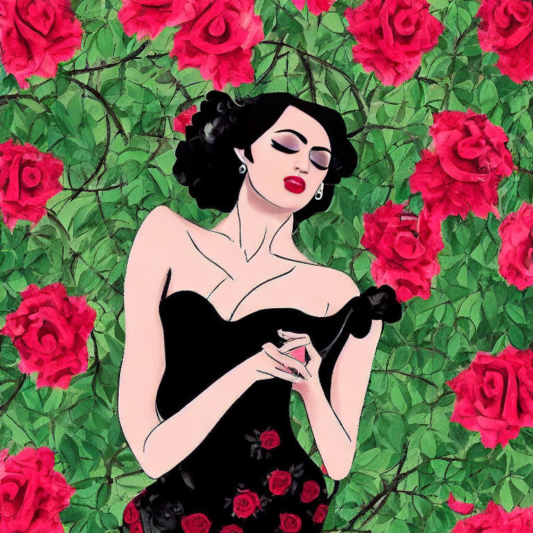 Illustrated woman in black dress with roses on green foliage background