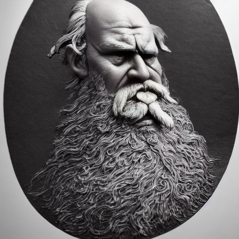 Monochromatic sculpture of elderly man with long beard and contemplative expression against circular backdrop
