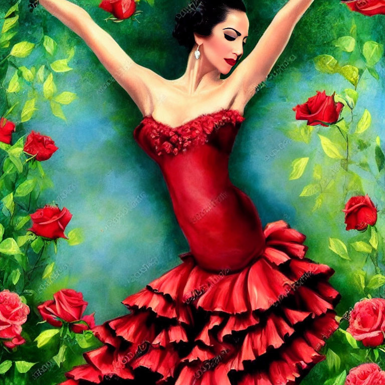 Flamenco dancer in red dress with frills among blooming roses