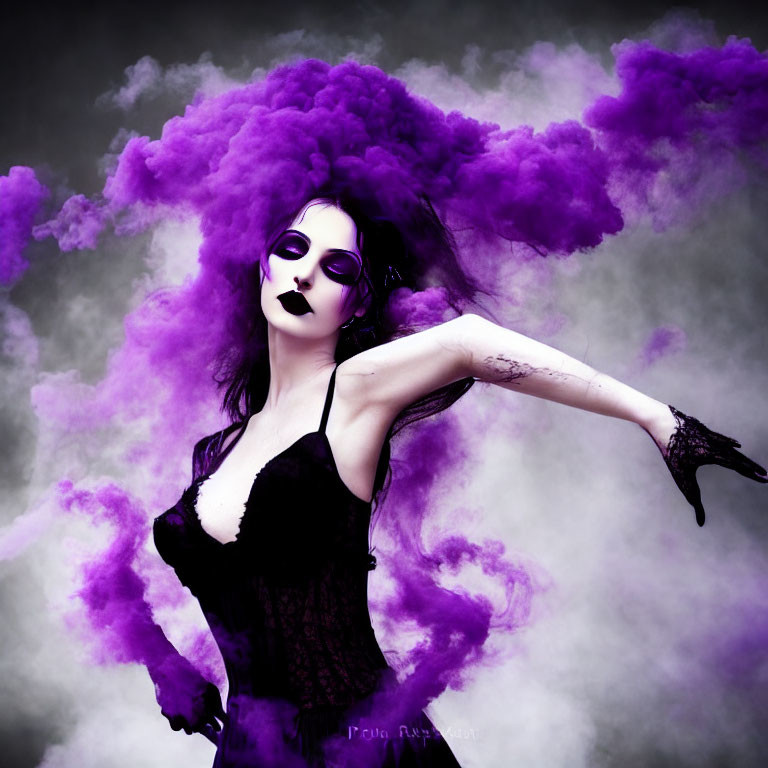 Pale-skinned person in gothic attire with purple smoke and round sunglasses