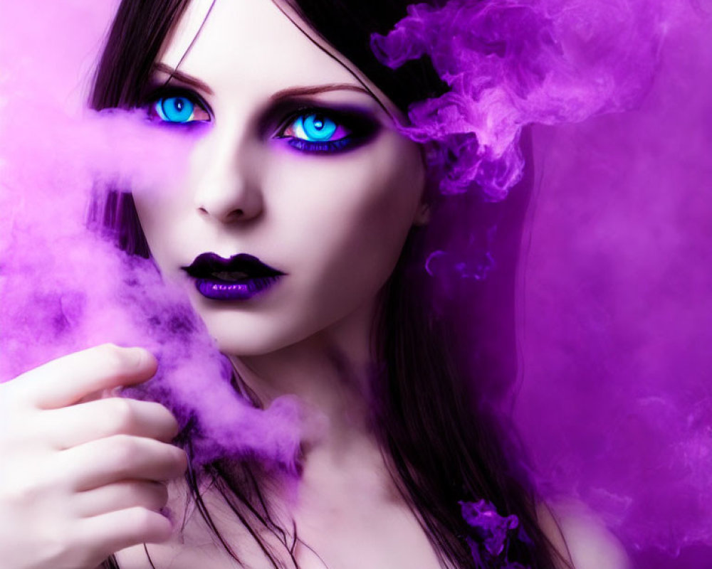 Woman with Blue Eyes and Black Lipstick in Purple Smoke