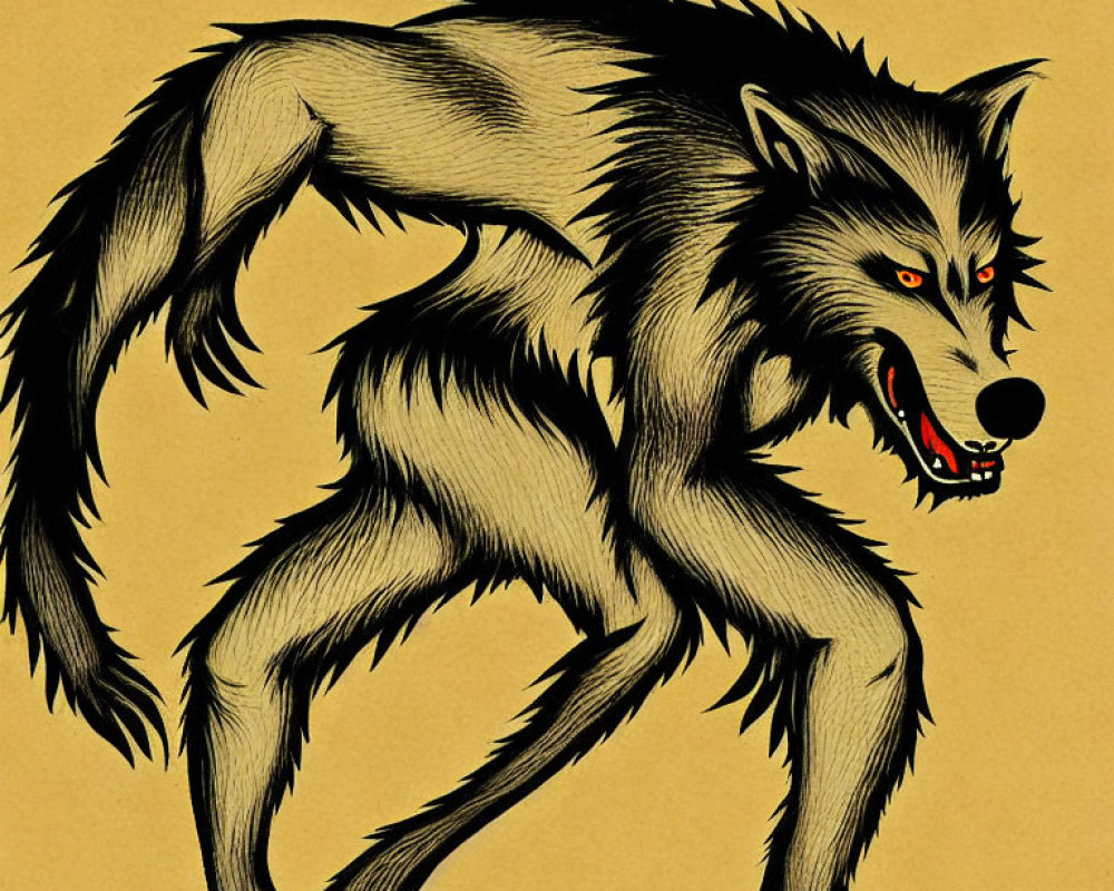 Sinister werewolf illustration: black fur, red eyes, sharp fangs on tan backdrop